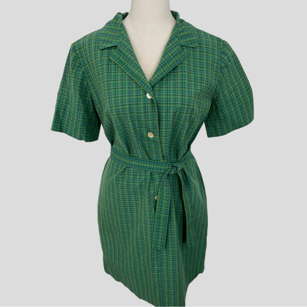 Vintage Handmade 50s Style Green Blue Plaid Belted Shirt Dress - Picture 1 of 6